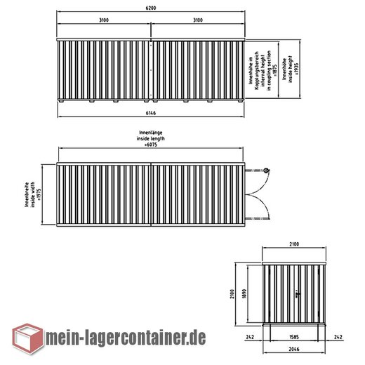 6x2m Reifencontainer Reifenlager - 2-flgelige Tr auf der 2m Seite