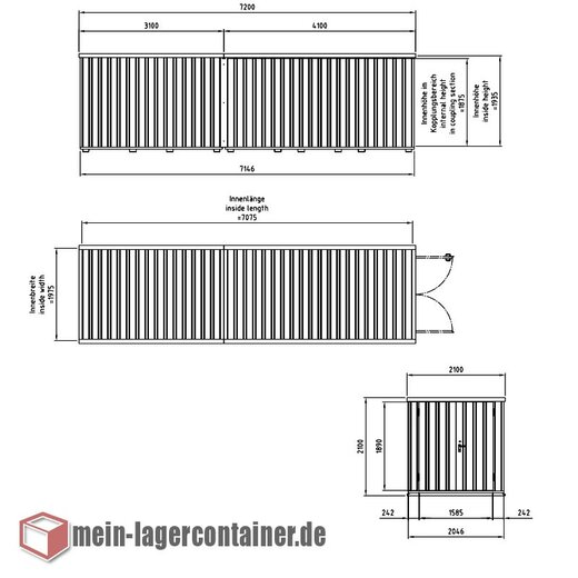 7x2m Reigenlager Reigencontainer Hhe 2,1m 2-flgelige Tr auf der 2m Seite Lagerhalle Stahlhalle Reifenlager Materiallager