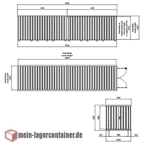 8x2m Materialcontainer Hhe 2,1m 2-flgelige Tr auf der 2m Seite Lagerhalle Stahlhalle Reifenlager Materiallager