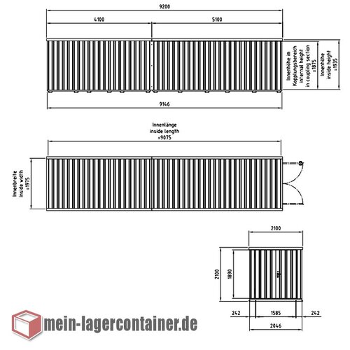 9x2m Materialcontainer Hhe 2,1m 2-flgelige Tr auf der 2m Seite Lagerhalle Stahlhalle Reifenlager Materiallager