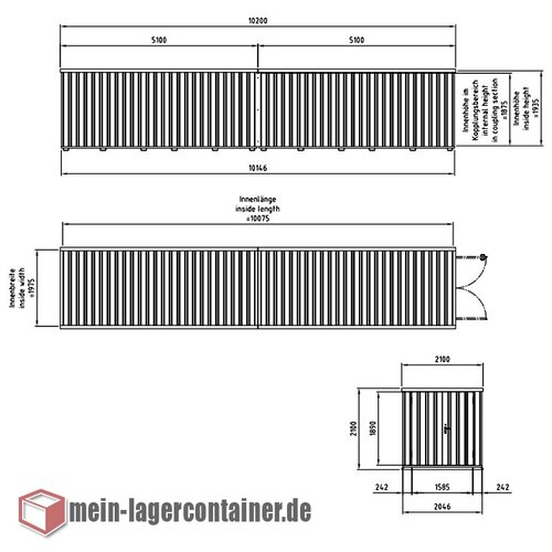 10x2m Reifenlager Reifencontainer Hhe 2,1m 2-flgelige Tr auf der 2m Seite