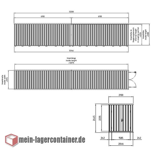 12x2m Materialcontainer Hhe 2,4m 2-flgelige Tr 1550 x 2230 mm auf der 2m Seite Lagerhalle Stahlhalle Reifenlager Materiallager