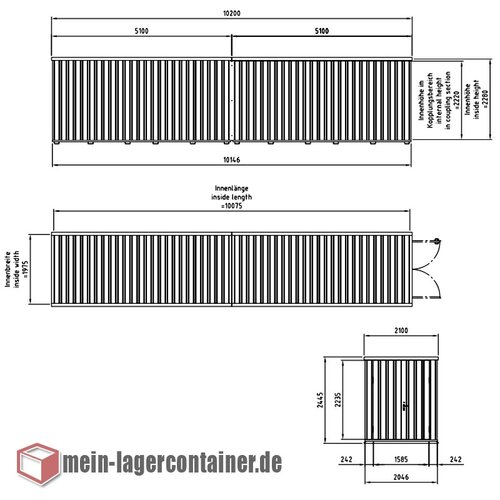 10x2m Reifencontainer Hhe 2,4m 2-flgelige Tr 1550 x 2230 mm auf der 2m Seite