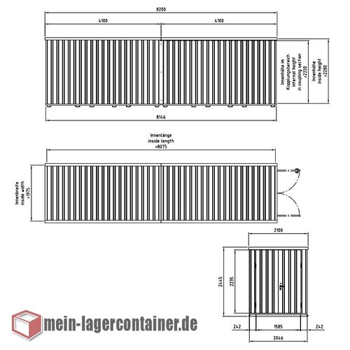 8x2m Materialcontainer Hhe 2,4m 2-flgelige Tr 1550 x 2230 mm auf der 2m Seite Lagerhalle Stahlhalle Reifenlager Materiallager