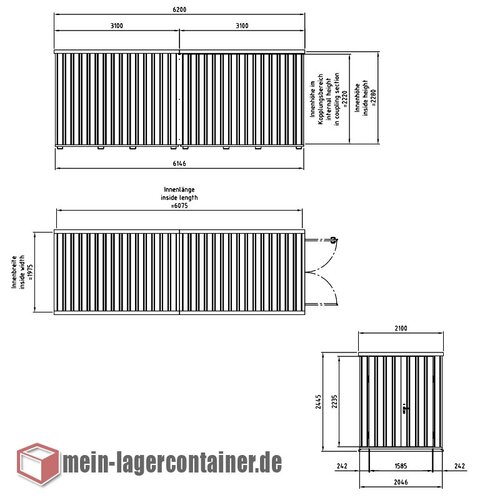 6x2m Materialcontainer Hhe 2,4m 2-flgelige Tr 1550 x 2230 mm auf der 2m Seite Lagerhalle Stahlhalle Reifenlager Materiallager