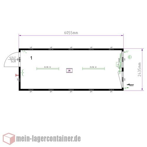 20 Fu� B�rocontainer - 6,0 x 2,8 x 2,4 m 2 B�rofenster Stahlau�ent�r Elektropaket mit Licht E-Heizung